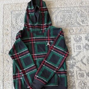 Jordan Men’s Green and Black Plaid Zip-Up Hoodie with Red Accents